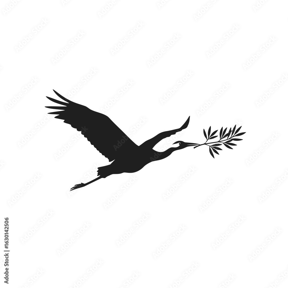 Obraz premium Silhouette of a crane in flight carrying an olive branch, isolated on white background, symbolizing peace, hope, and freedom in a serene natural scene
