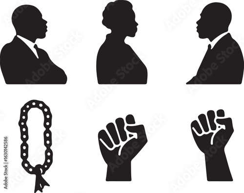 Silhouettes of people, raised fists, and beads symbolizing power
