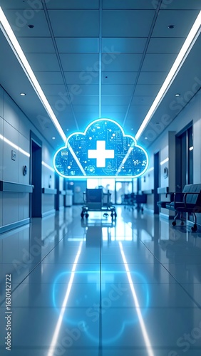 Hospital corridor with digital cloud and medical symbol