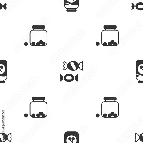 Set Cherry jam jar, Candy and Glass with candies inside on seamless pattern. Vector
