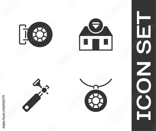 Set Pendant on necklace, Jewelry store, Jewelers lupe and icon. Vector