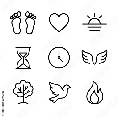 Travel Icon Grid. Outline icon set of unknown travel: empty road, broken bridge, dead end sign, lost luggage, ticket stub, boarded