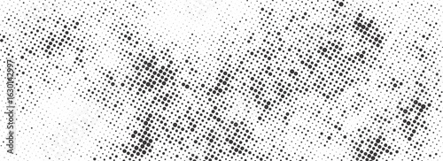 Grunge halftone gradient background. Faded dotted grit noise texture. Black and white rasterized sand wallpaper. Retro pixelated bitmap backdrop. Aged anime or manga comic grain overlay.art