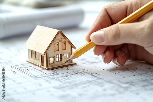 Architect's Hand Holding Pencil Near Model House on Blueprint Plans for New Construction