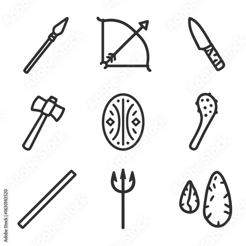 Tribal Weapons Icons. Outline icon set of tribal weapons and tools: spear, bow and arrow, knife, axe, shield, club, blowpipe,
