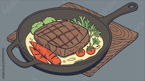 Grilled Steak with Carrots Broccoli and Cherry Tomatoes in Cast Iron Skillet.