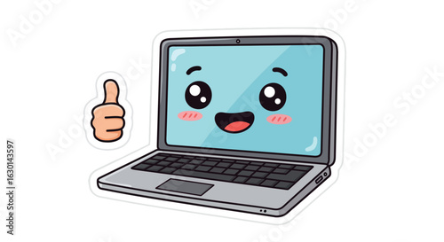 Cute kawaii laptop with happy face and thumbs up gesture for technology designs