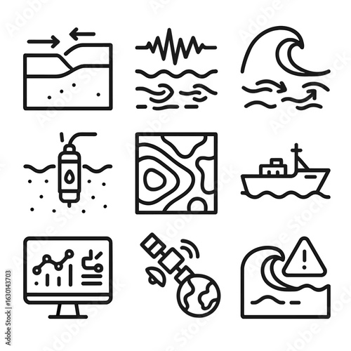 Tsunami Study Icons. Outline icon set of tsunami scientific study: tectonic plates, seismic wave, ocean current, water pressure