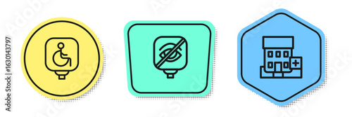 Set line Disabled wheelchair, Blindness and Medical hospital building. Colored shapes. Vector