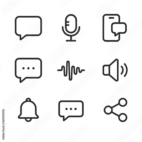 Tweet Communication Icons. Outline icon set of tweet in communication: speech bubble, microphone, mobile phone, text message,