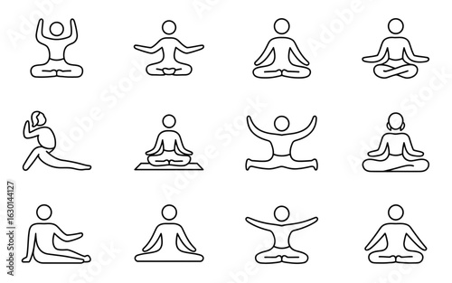 Collection of yoga poses silhouette icons isolated on white background