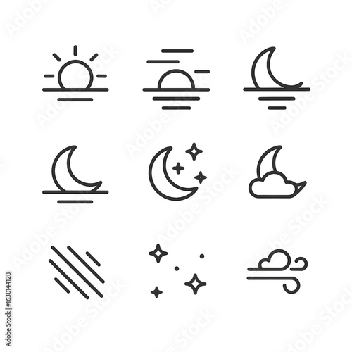 Twilight Transition Icons. Outline icon set of twilight transitions: sunset, dusk, twilight, nightfall, moonrise, star appearance,