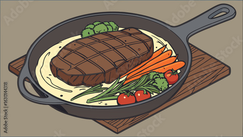 Grilled Steak with Creamy Sauce and Roasted Vegetables in Cast Iron Skillet.