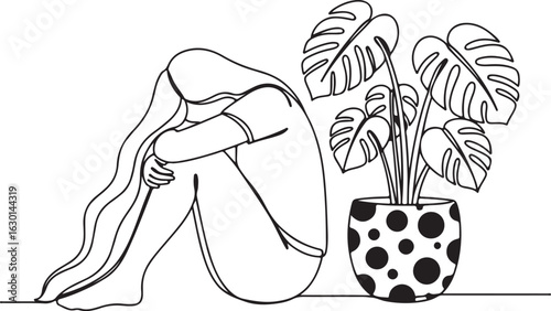 Minimalist single line illustration of a woman embracing her knees next to a plant conveying introspection and calm