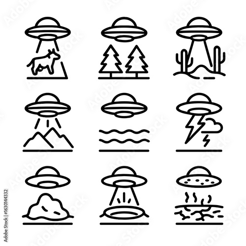 UFO Nature Icon Set. Outline icon set of UFO and nature interactions: cows being abducted, forest encounter, desert landing,