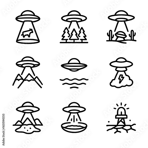 UFO and Defense Icons. Outline icon set of UFO and nature interactions: cows being abducted, forest encounter, desert landing,