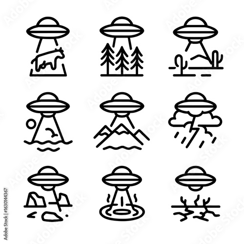 UFO Nature Icon Set. Outline icon set of UFO and nature interactions: cows being abducted, forest encounter, desert landing,