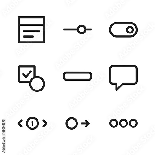 UI Components Icon Set. Outline icon set of user interface components: dropdown menu, slider, toggle switch, checkbox, radio