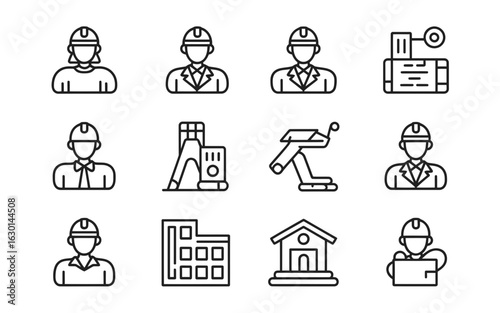 Collection of engineering and construction icons featuring people buildings and equipment silhouette isolated on white background