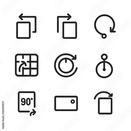 UI Rotation Icons. Outline icon set of UI rotation angles: rotate left, rotate right, free rotate handle, snap-to-angle grid,