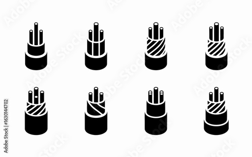 Collection of eight different cable cross section icons silhouette isolated on white background