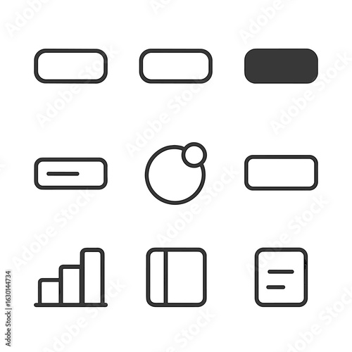 UI Icon Set. Outline icon set of UI color elements: button default, hover state, active state, disabled state, progress bar fill,