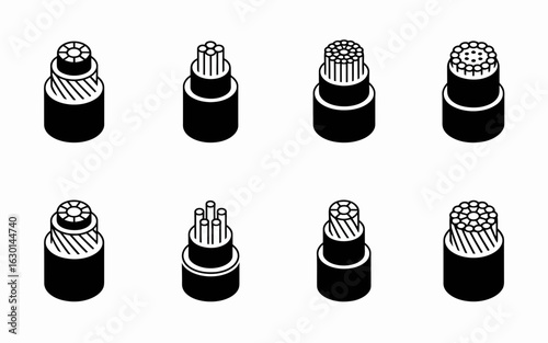 Collection of eight different electrical cable cross section diagrams silhouette isolated on white background