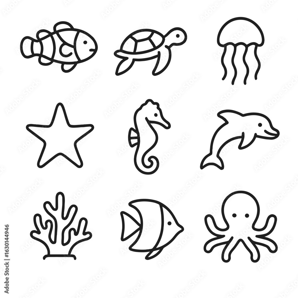 Obraz premium Underwater Creatures Icons. Outline icon set of underwater creatures: clownfish, sea turtle, jellyfish, starfish, seahorse,