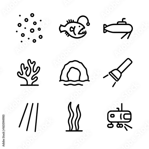 Underwater Icons Grid. Outline icon set of underwater low light: bioluminescent plankton, deep-sea fish silhouette, submarine