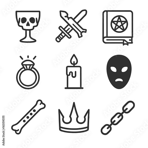 Underworld Icon Set. Outline icon set of underworld objects: skull chalice, broken sword, ancient tome, cursed ring, black candle,