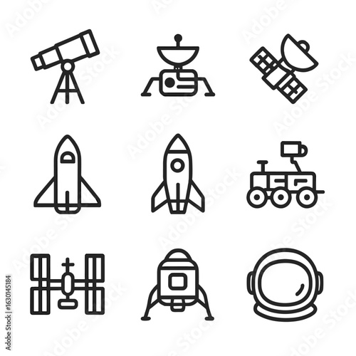 Universe Exploration Icons. Outline icon set of universe exploration tools: telescope, space probe, satellite, space shuttle,