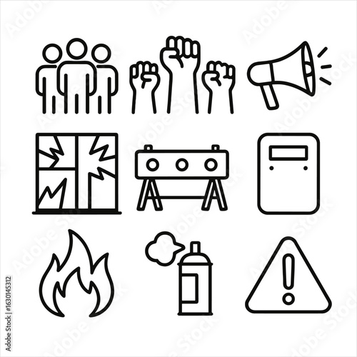 Unrest Icon Set. Outline icon set of unrest scenes: protest crowd, raised fists, megaphone, broken windows, police barricade, riot