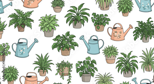 Seamless pattern of watering cans and potted houseplants