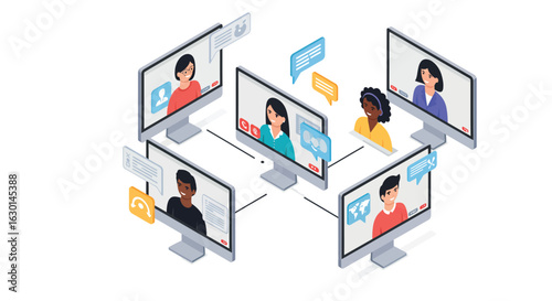 Virtual team meeting on monitors with diverse participants in isometric style