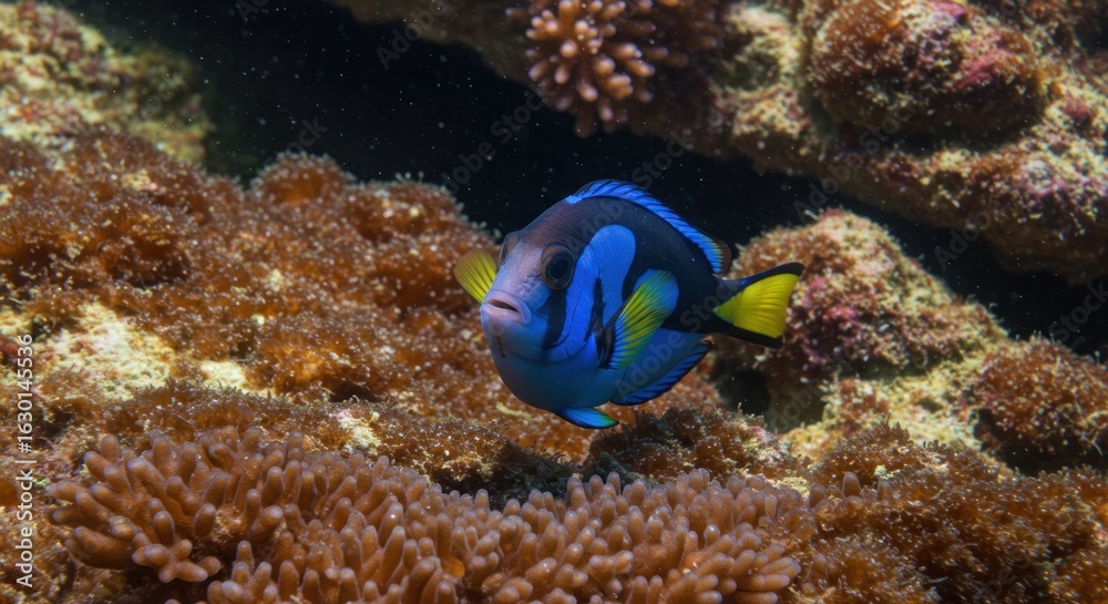 A vibrant blue tang fish swims gracefully near coral formations, underwater. A vibrant blue tang fish swims gracefully near coral formations, underwater.
