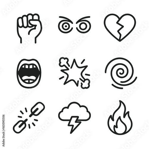 Untamed Emotions Icons. Outline icon set of untamed emotions: clenched fist, wild eyes, shattered heart, roaring mouth, explosive