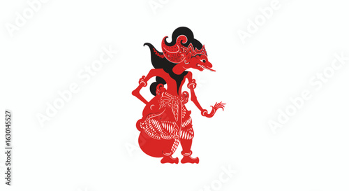 Intricate red wayang illustration for cultural projects or Asian designs with dramatic flair and bold symbolism