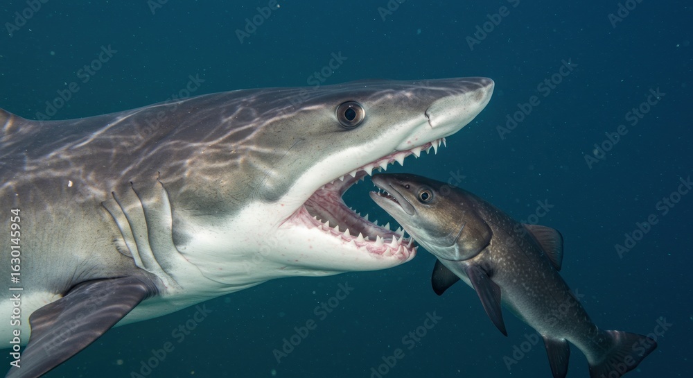Naklejka premium A great white shark with its mouth open, about to eat a remora fish in the ocean.