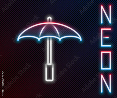 Glowing neon line Sun protective umbrella for beach icon isolated on black background. Large parasol for outdoor space. Beach umbrella. Colorful outline concept. Vector