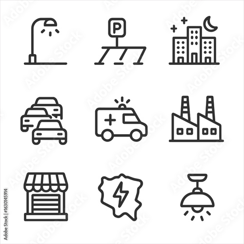 Urban Blackout Icons. Outline icon set of blackout in urban areas: dark streetlights, empty parking lot, unlit buildings, traffic