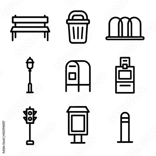 Urban Sidewalk Icons. Outline icon set of urban sidewalk furniture: bench, public trash can, bike rack, streetlamp, mailbox,