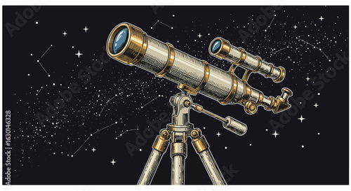 Vintage telescope on tripod with starry night sky background