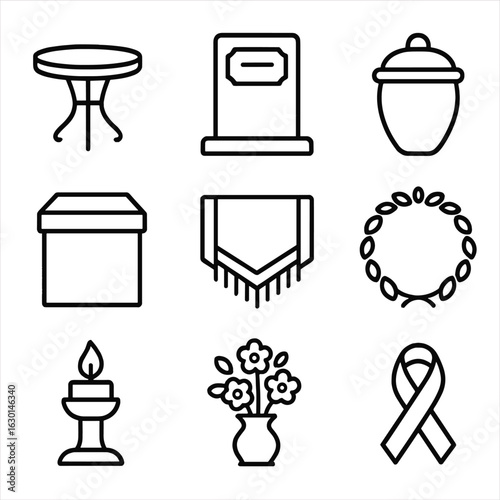 Urn Symbolism Icon Set. Outline icon set of urn accessories: urn stand, memorial plaque, urn cover, urn box, ceremonial cloth,