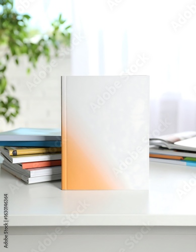 Book with blank gradient cover on a white desk for mockup purposes