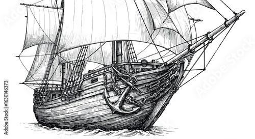 Detailed black and white sketch of a historic sailing ship with large sails