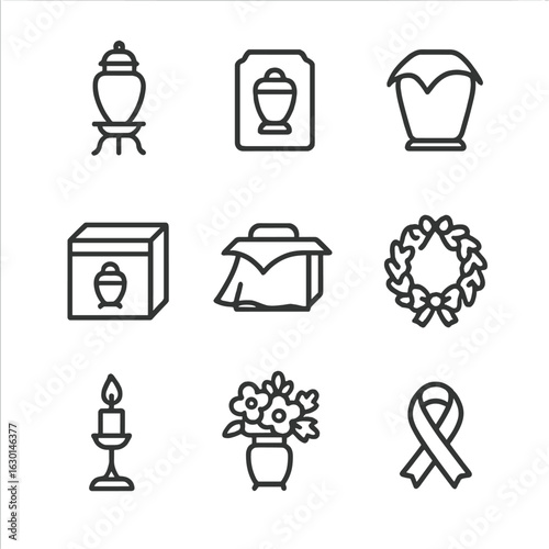 Urn Symbolism Icon Set. Outline icon set of urn accessories: urn stand, memorial plaque, urn cover, urn box, ceremonial cloth,