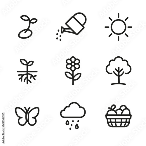 Growth Icons Set. Outline icon set of patience in growth: sprouting seed, watering can, sun, root system, blooming flower, tree,
