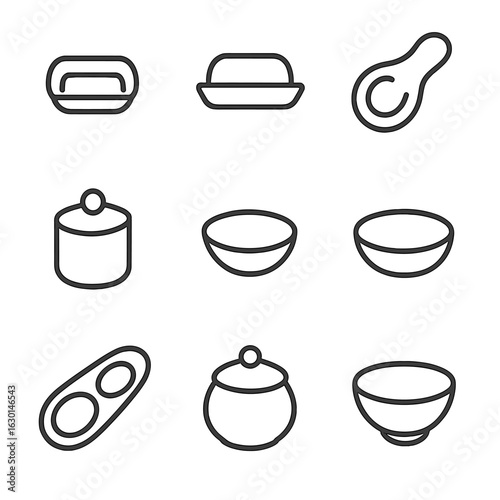 Utility Dish Icon Set. Outline icon set of small utility dishes: condiment dish, butter dish, spoon rest, salt cellar, pinch bowl,
