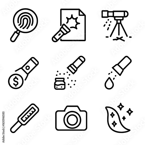 UV Forensic Icons. Outline icon set of ultraviolet detection in forensics: fingerprint detection, document verification, crime