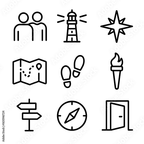 Guidance Icon Grid. Outline icon set of intuitive guidance: mentor, lighthouse, guiding star, map, footsteps, torch, signpost,